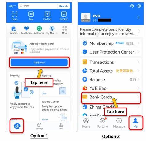 Alipay bank card addition screen showing card input fields