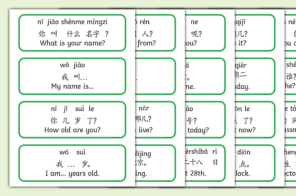 Cheat sheet of common Chinese phrases with pinyin and English translation