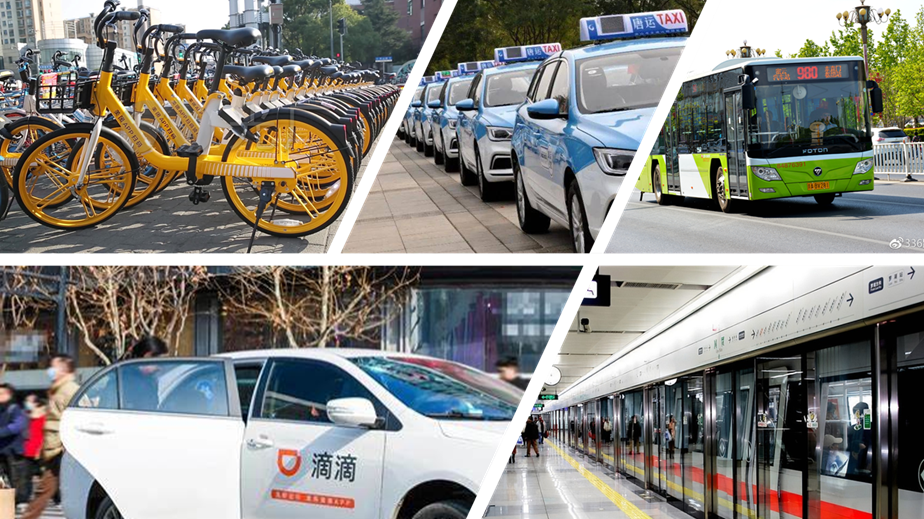Collage showing various transportation options in China - subway, bus, taxi, DiDi car, and shared bikes