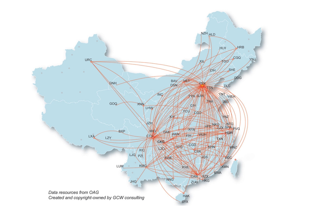 Domestic flight route map showing China's extensive air network