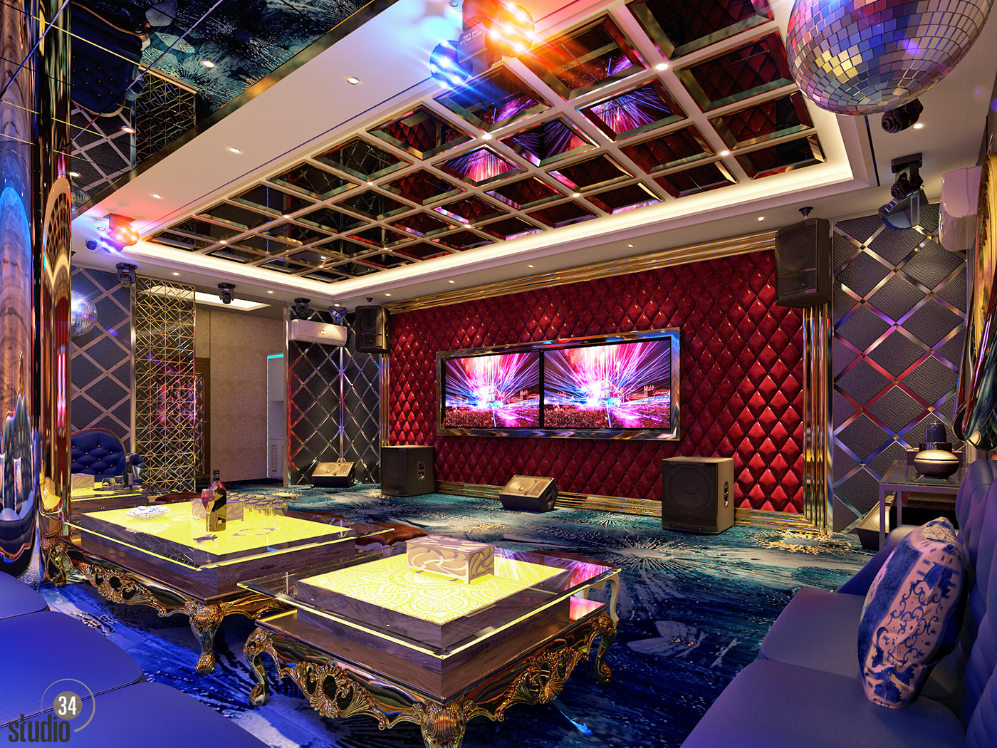 KTV lounge interior with neon lights