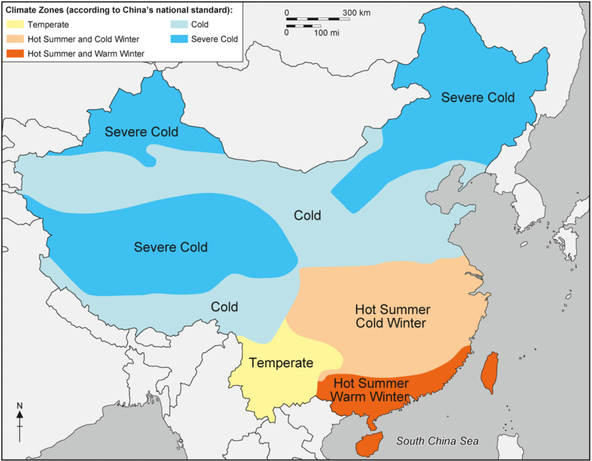 Map of China showing different climate zones