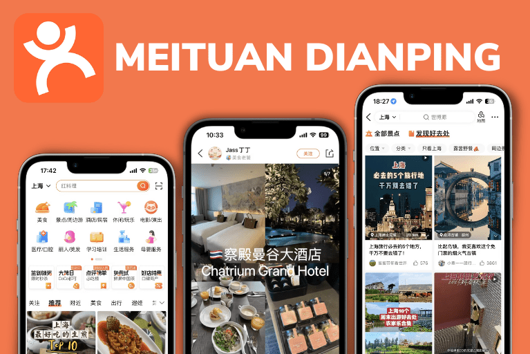 Meituan Dianping interface showing restaurant reviews and food delivery options