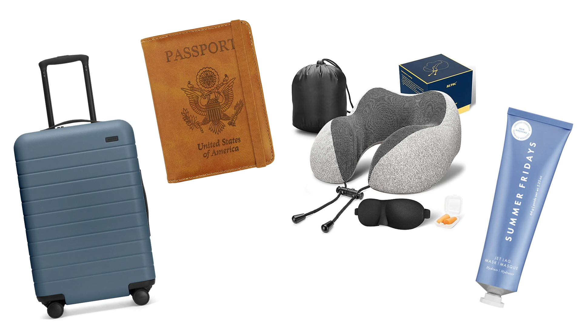 Miscellaneous travel comfort items including water bottle, travel pillow and eye mask