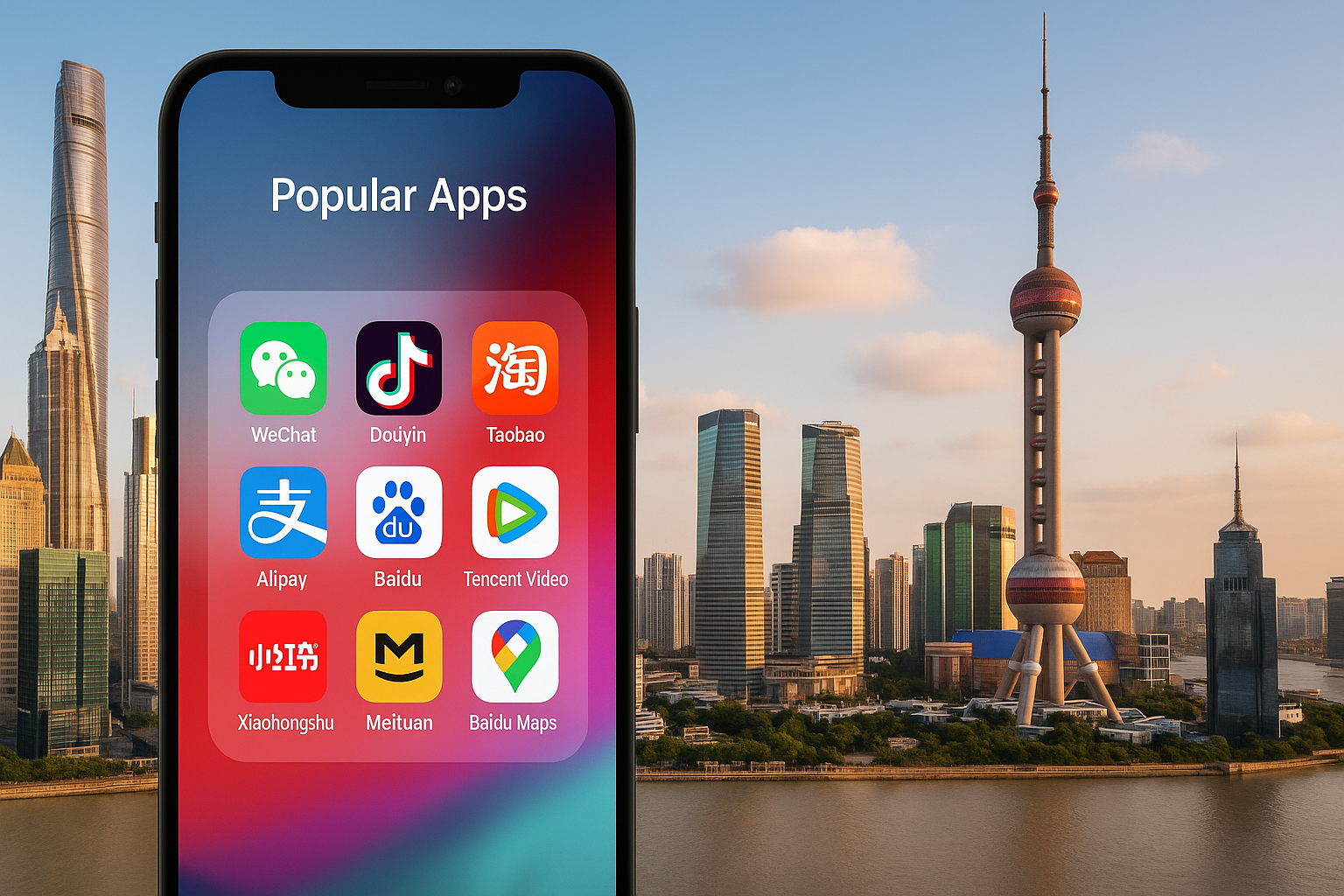 Modern Chinese city skyline with smartphone overlay showing popular Chinese apps