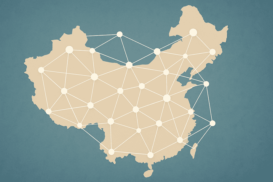 Network diagram overlayed on a map of China showing interconnected nodes