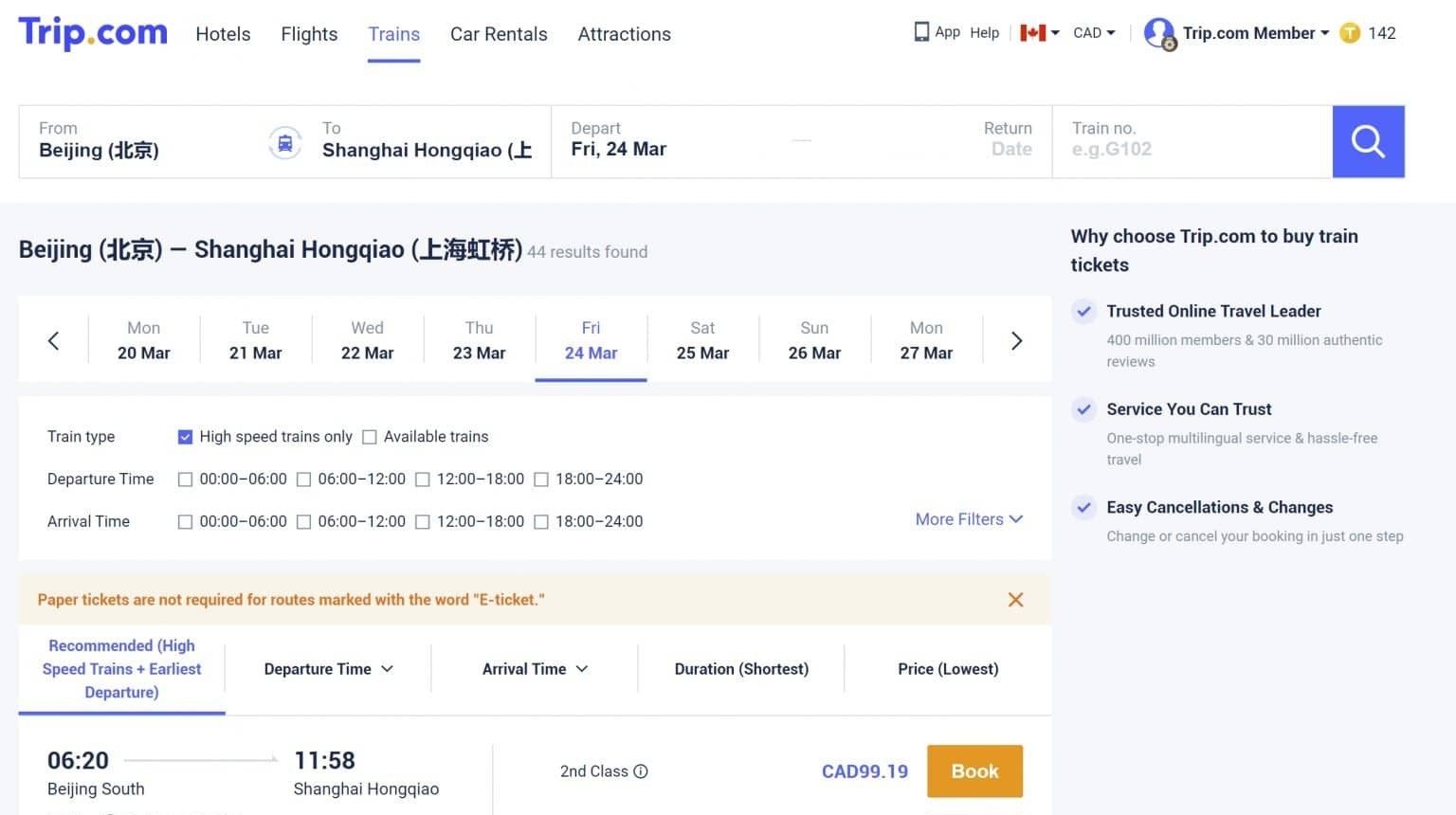 Screenshot of Trip.com booking interface for China high-speed rail tickets
