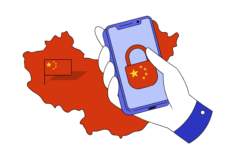 Smartphone showing VPN connection with Chinese map background