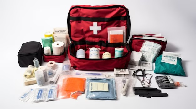 Travel first aid kit with medications and medical supplies