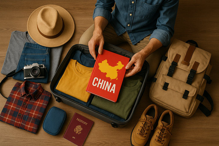 Traveler packing a suitcase for China trip with various clothing and gear laid out