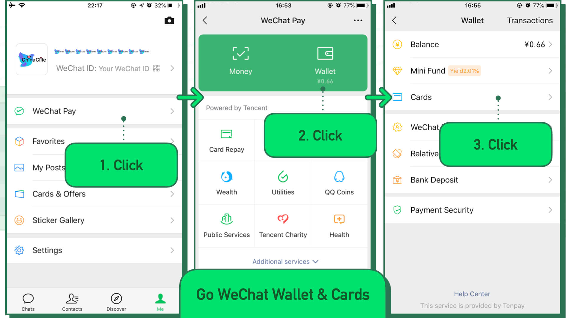 WeChat Pay card addition screen showing successful linking