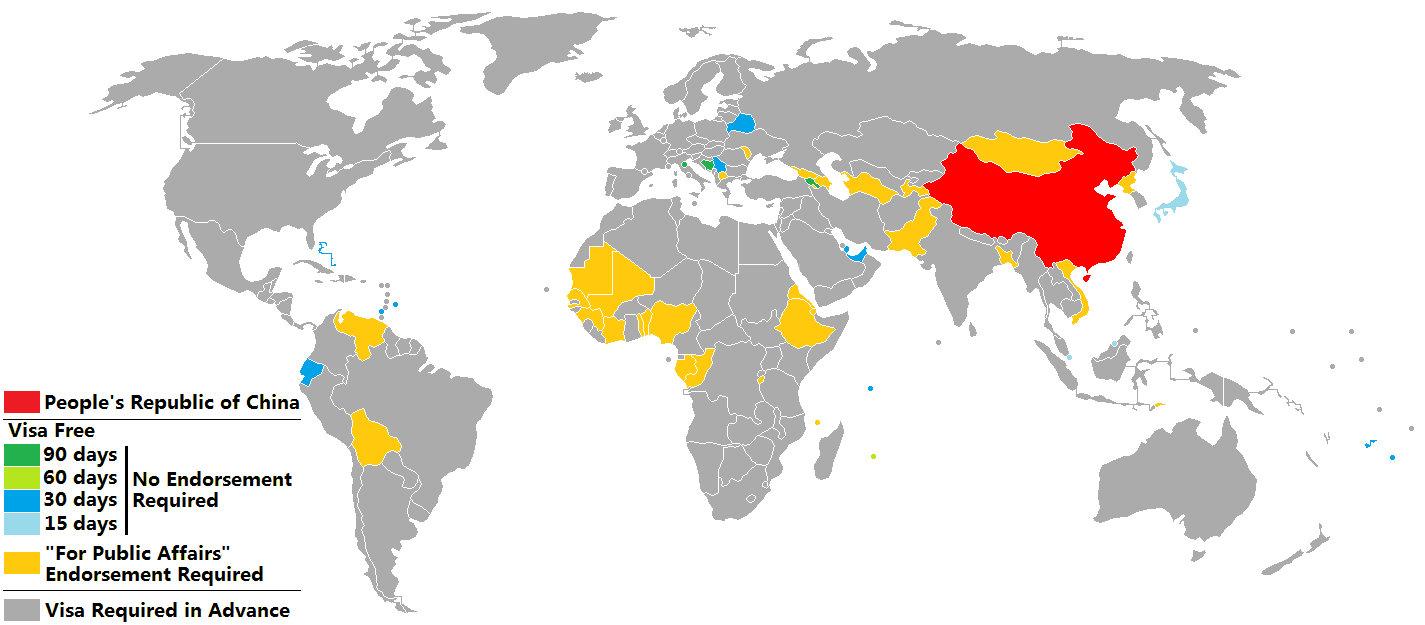 World map highlighting countries with China visa-free access