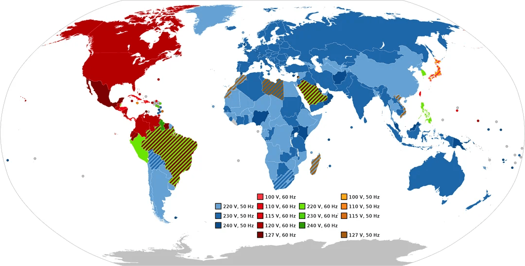 World map showing voltage standards by country region