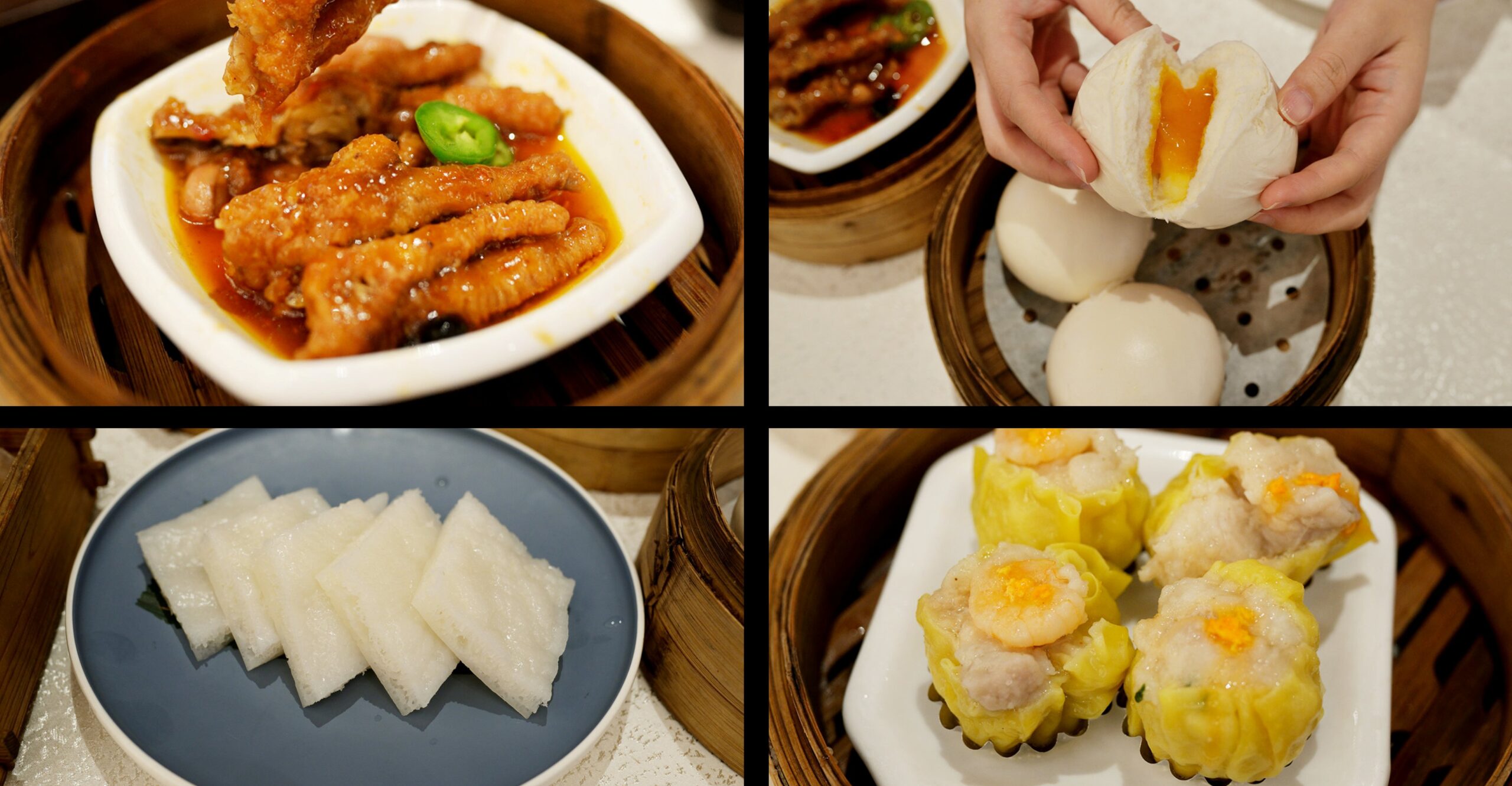  A beautiful close-up of a bamboo steamer opened to reveal perfectly crafted dim sum, like Har Gow and Siu Mai, with steam gently rising.