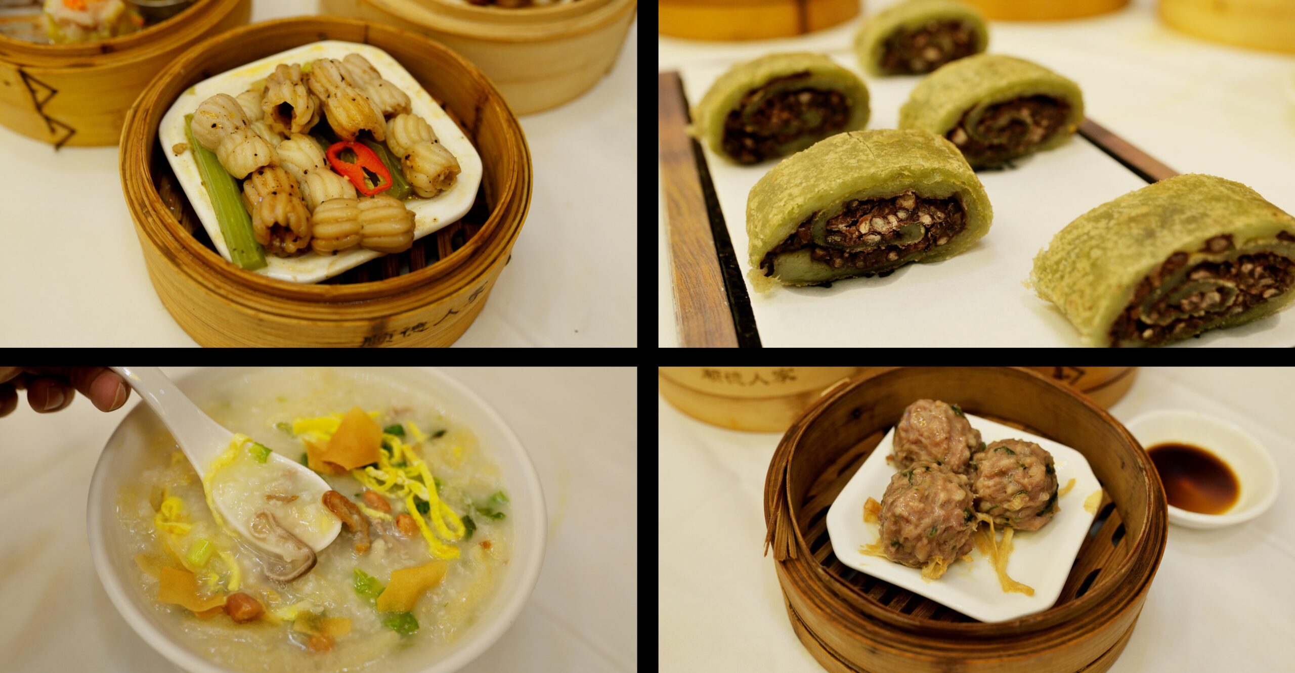  A close-up of the Steamed Beef Balls, showing their soft texture and the bed of bean curd skin beneath them, with a small dish of Worcestershire sauce nearby.
