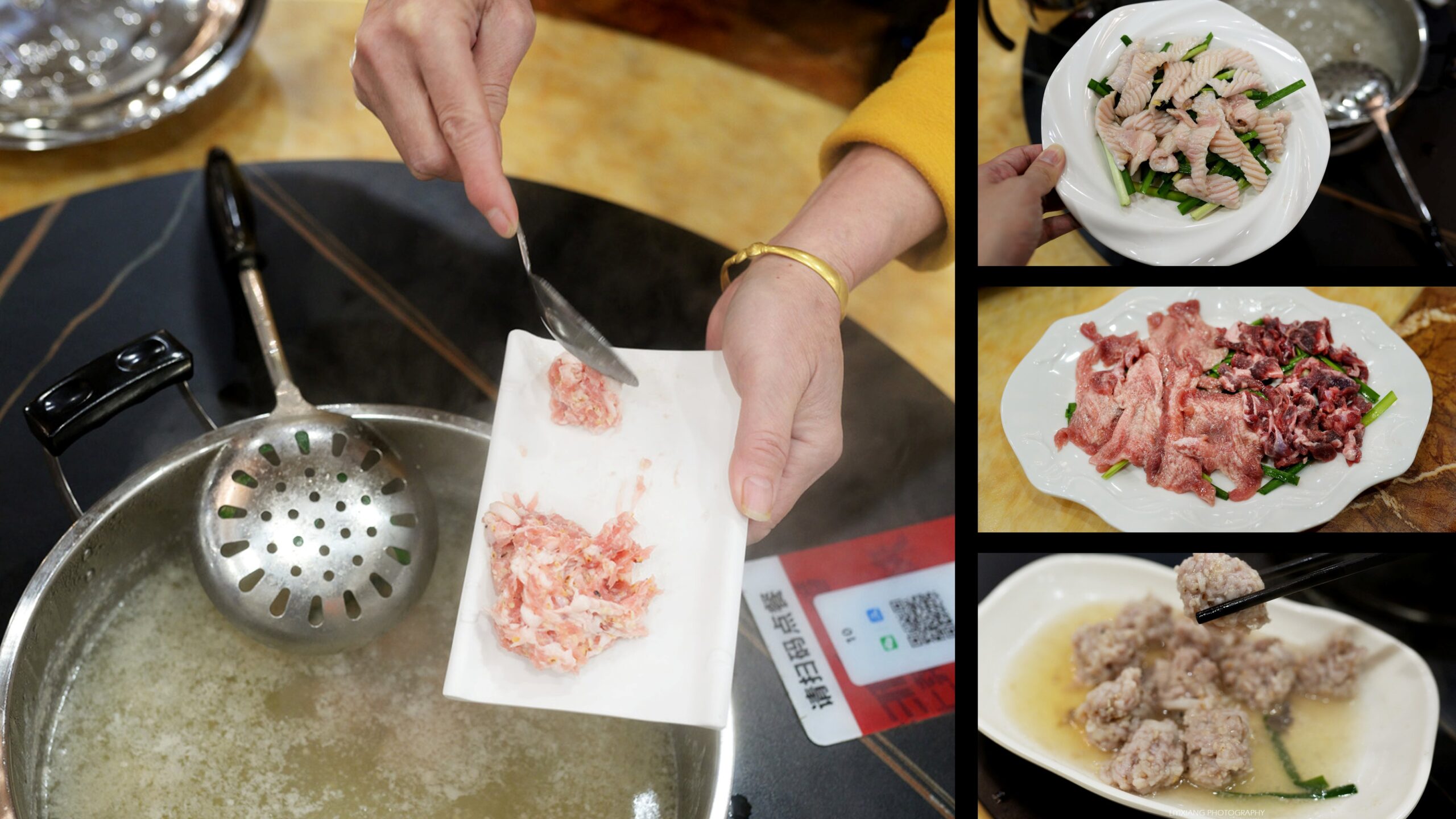  A close-up shot of a staff member using long chopsticks to expertly blanch the Bamboo Intestine in the boiling water for a customer.