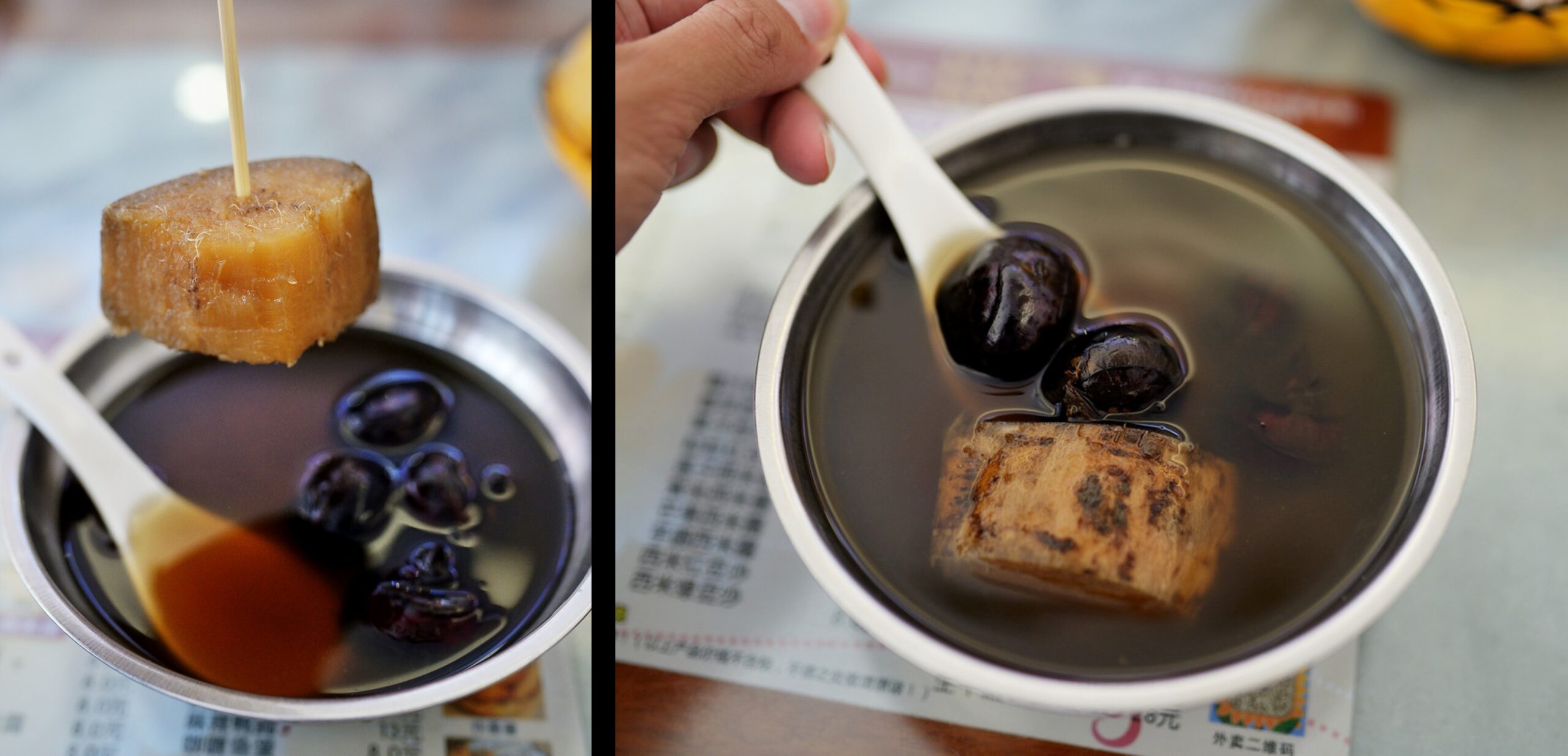  A large ceramic bowl filled with the light-golden Sugarcane & Water Chestnut Drink, showing a large piece of arrowroot and several water chestnuts submerged in the liquid.