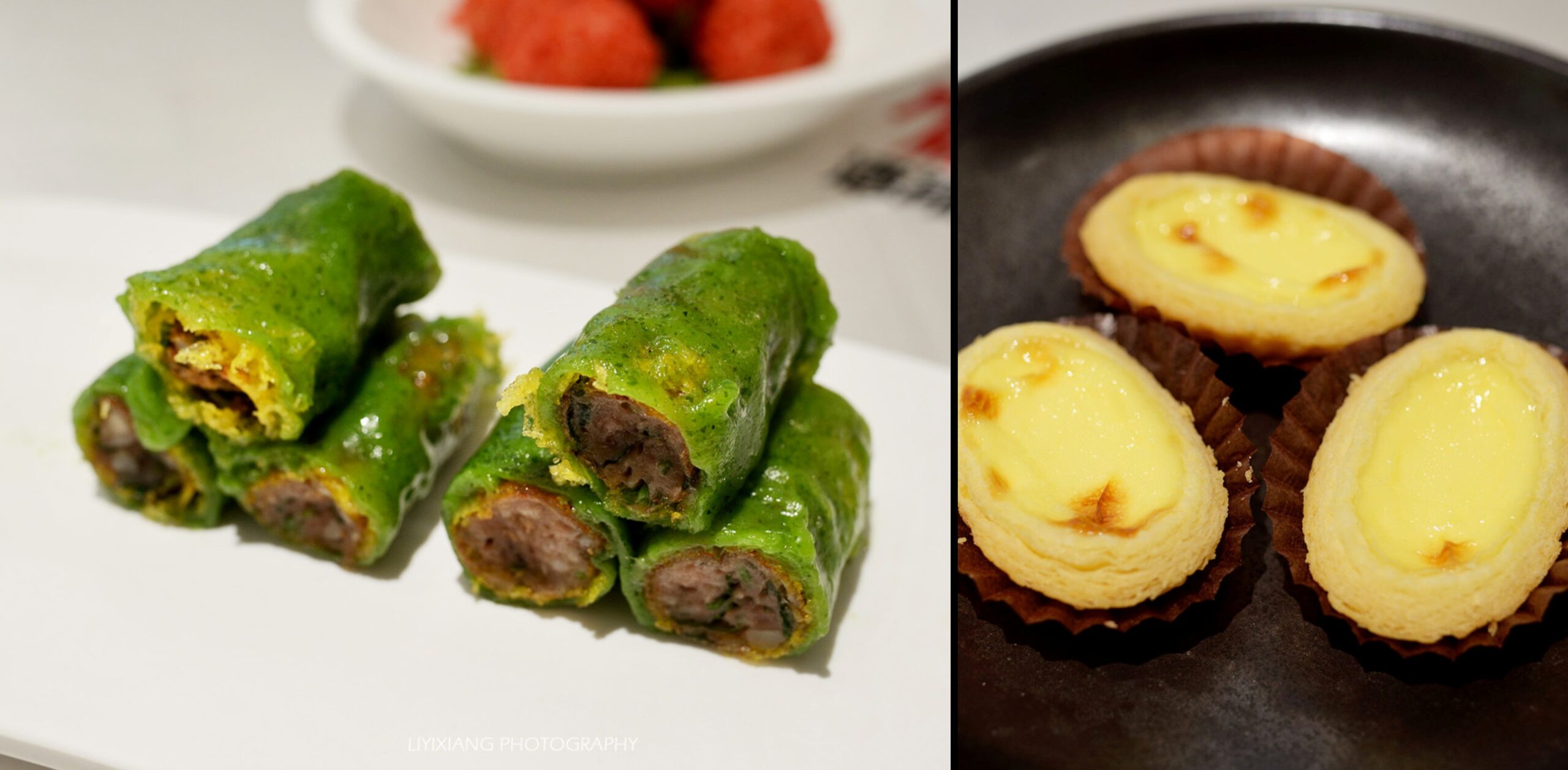  A serving of the vibrant green Seaweed Crispy Beef Rice Noodle Roll, cut open to clearly display the soft outer layer, the golden crispy inner layer, and the savory beef filling.