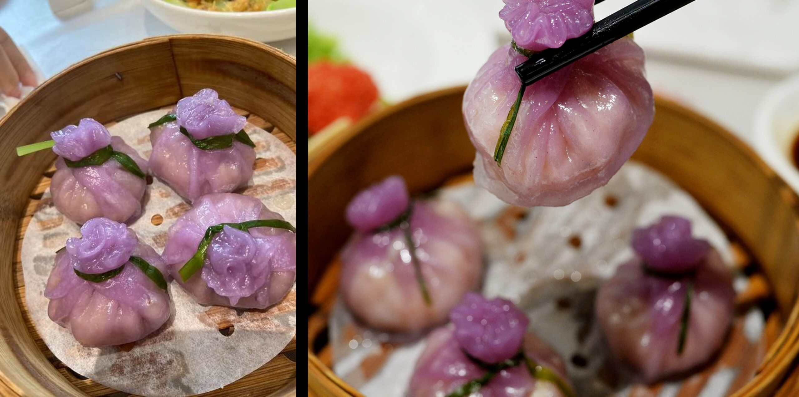  A stunning close-up of the pale purple Fresh Sichuan Peppercorn & Lily Bulb Dumplings in a white porcelain steamer, highlighting their unique color and delicate form.