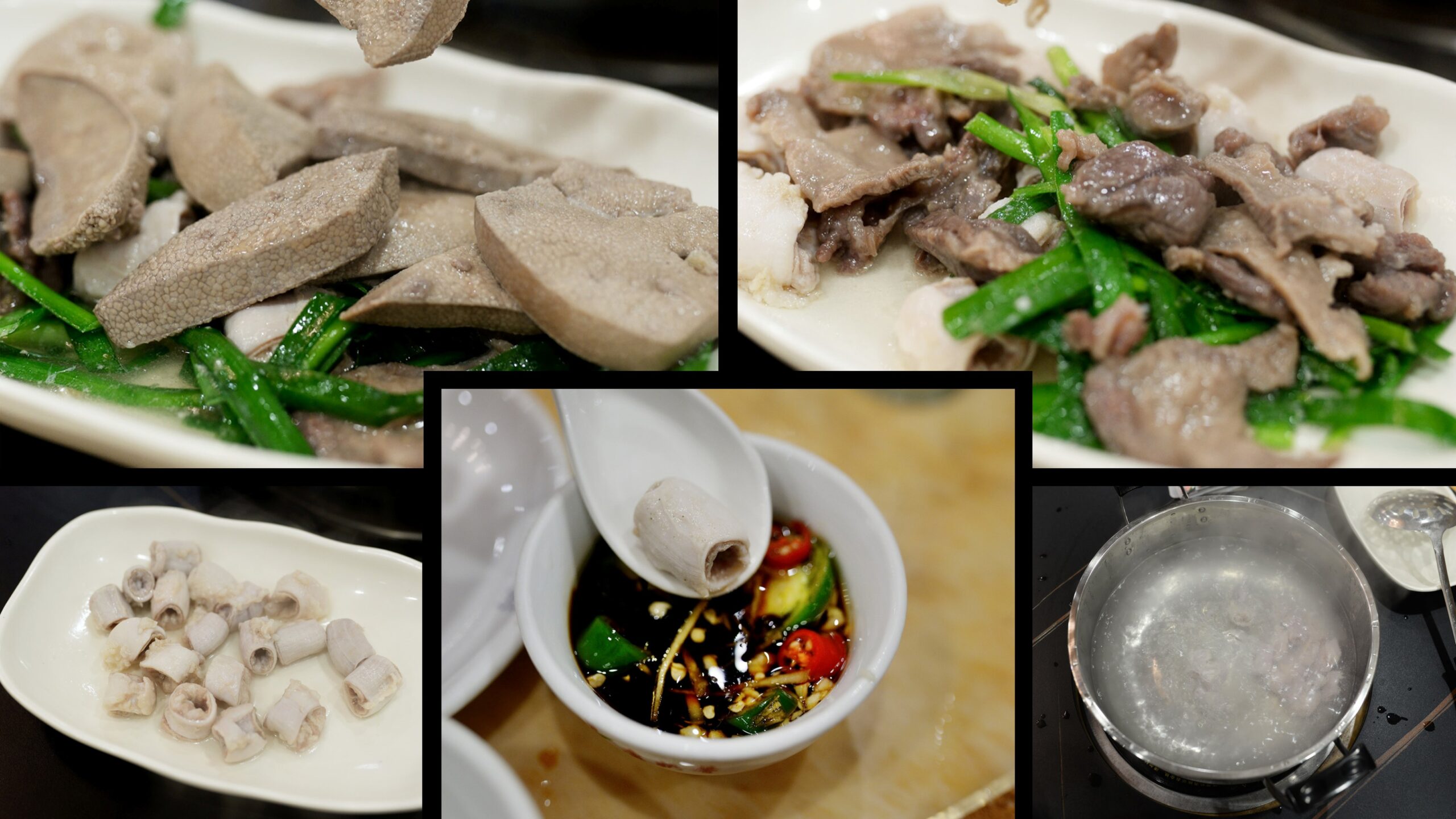  A top-down shot of the clear broth hot pot bubbling, with plates of immaculately fresh, pink pork offal arranged neatly around it.