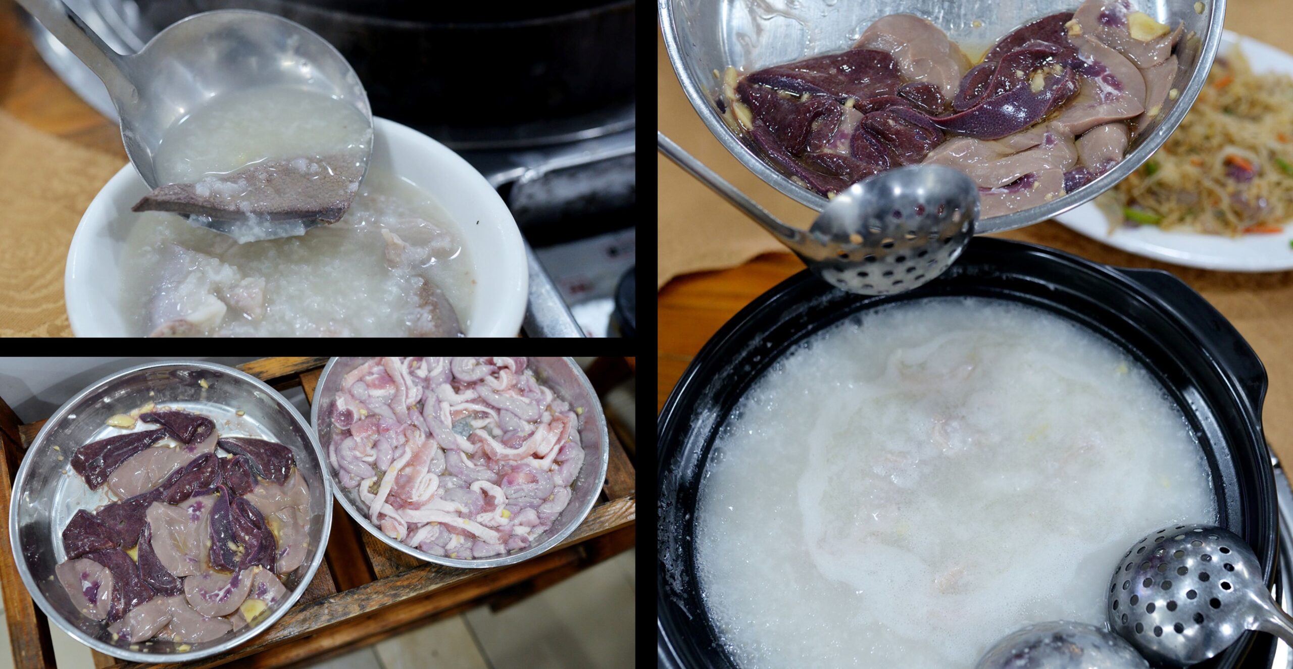  An action shot of the staff adding a plate of fresh pork offal into the bubbling clay pot of white congee at the table.
