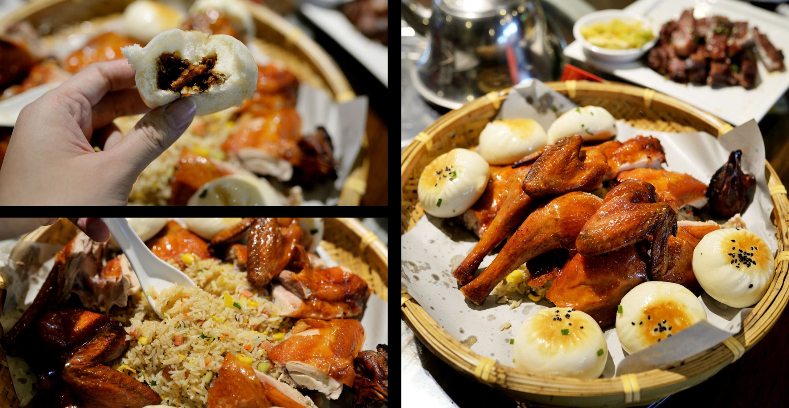  The spectacular Ji Bao Fan platter. A whole, glistening roast chicken sits atop a bed of fried rice, with pan-fried buns neatly arranged on the side.