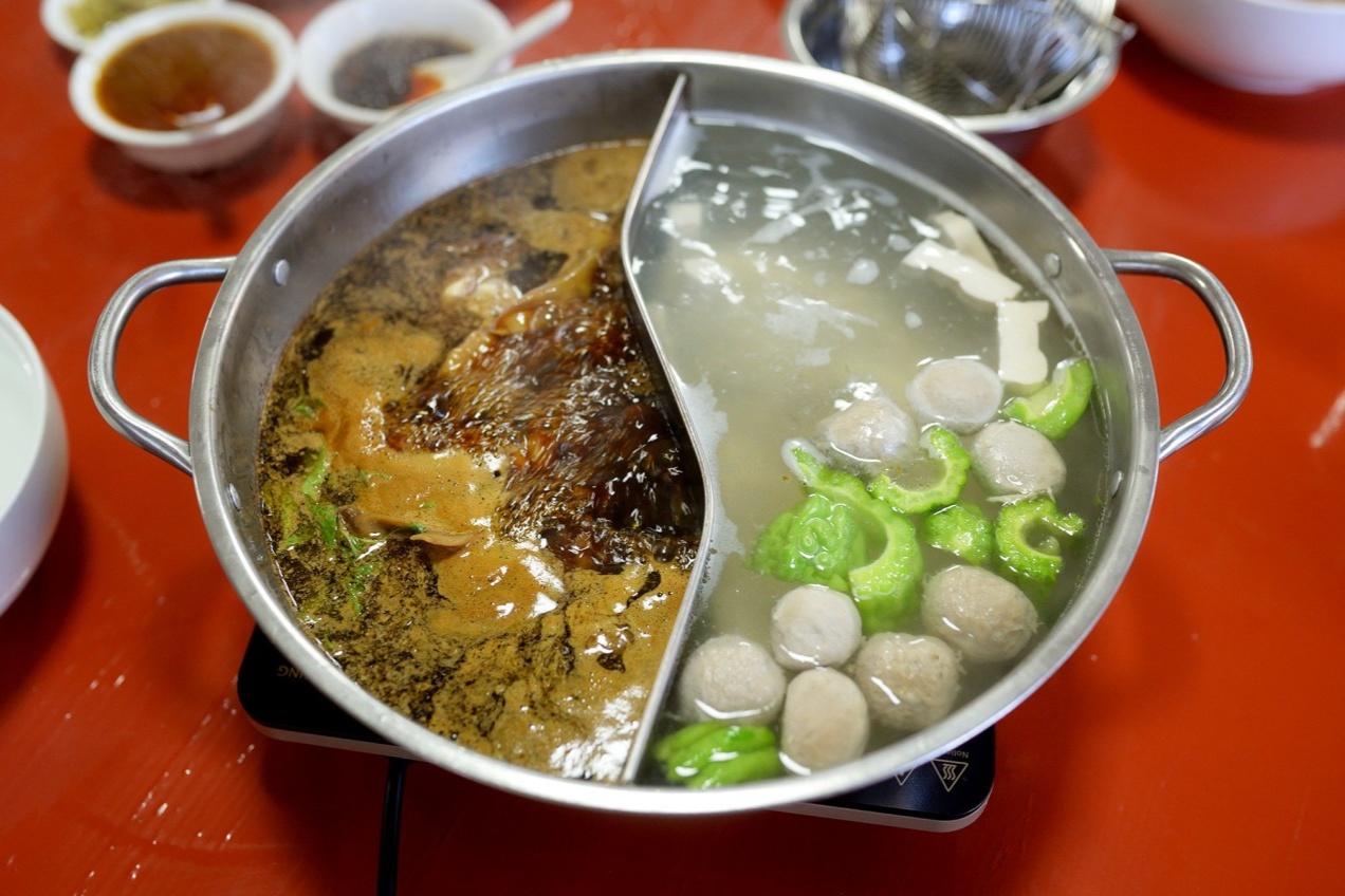  A close-up of the unique dipping sauces arranged in small bowls