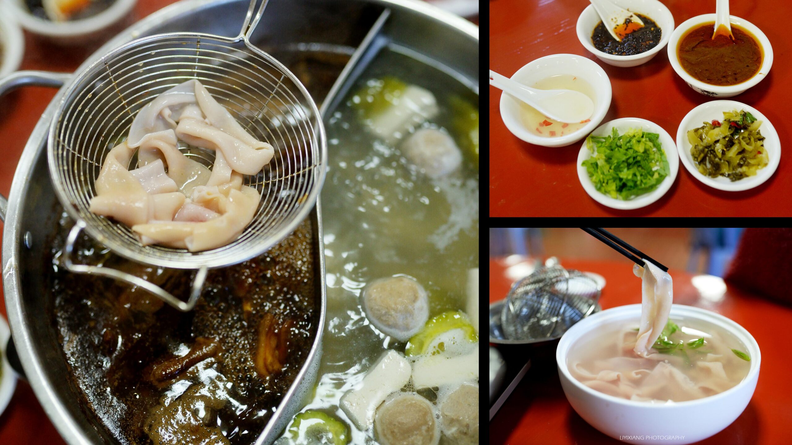  A wide panoramic shot showing three different plates of beef