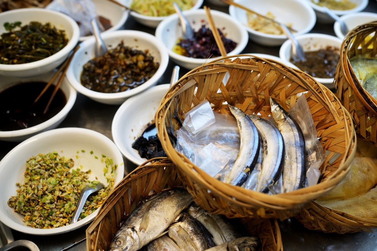  An overhead shot of a table spread with various small