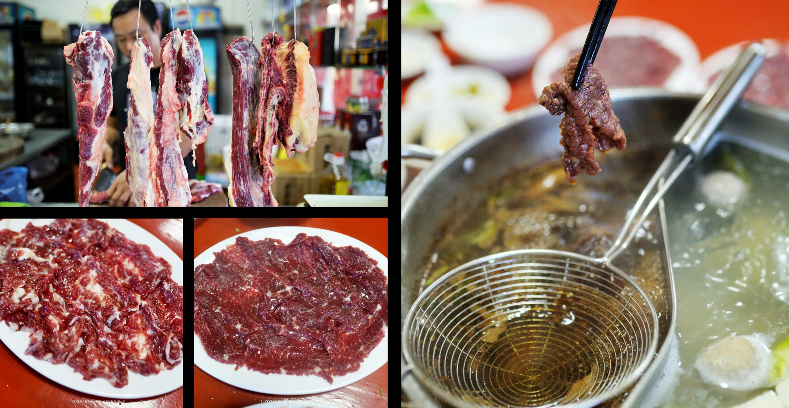 shot showing three different plates of beef
