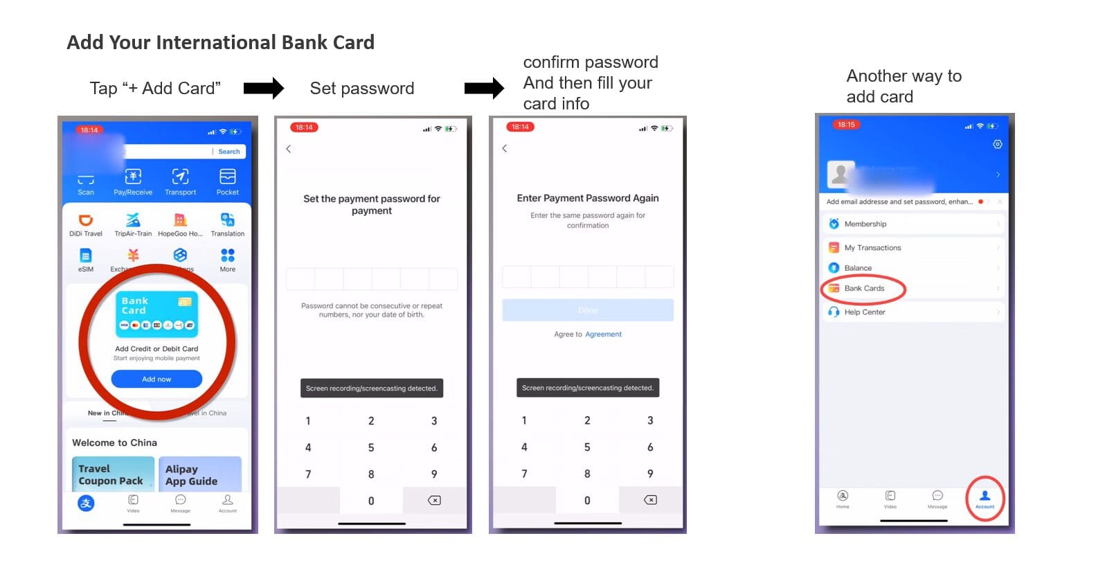 Alipay bank card addition screen showing card input fields