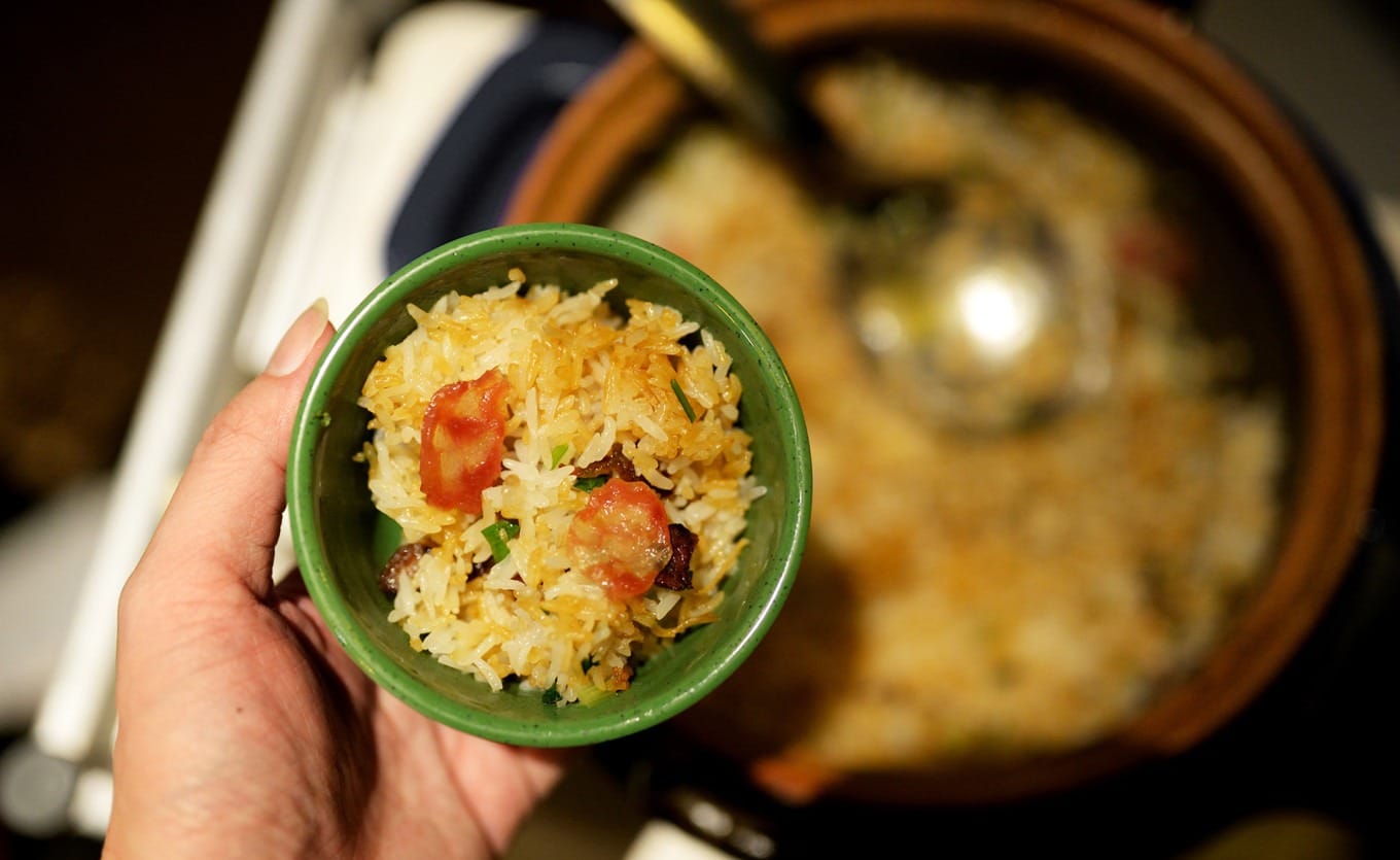 Chinese sausage claypot rice with crispy rice crust
