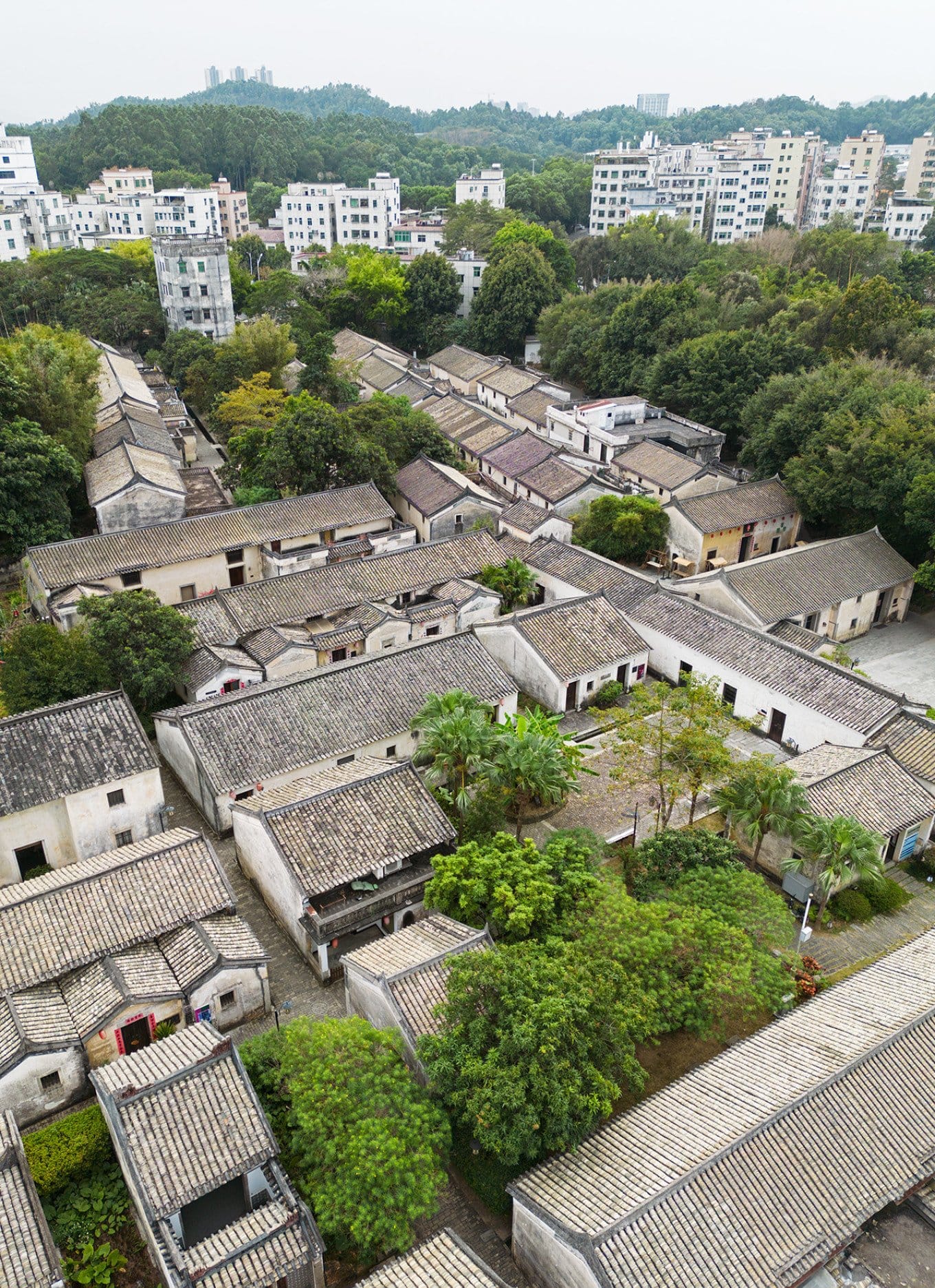 Entrance view of Guanlan Printmaking Village showing traditional Hakka architecture