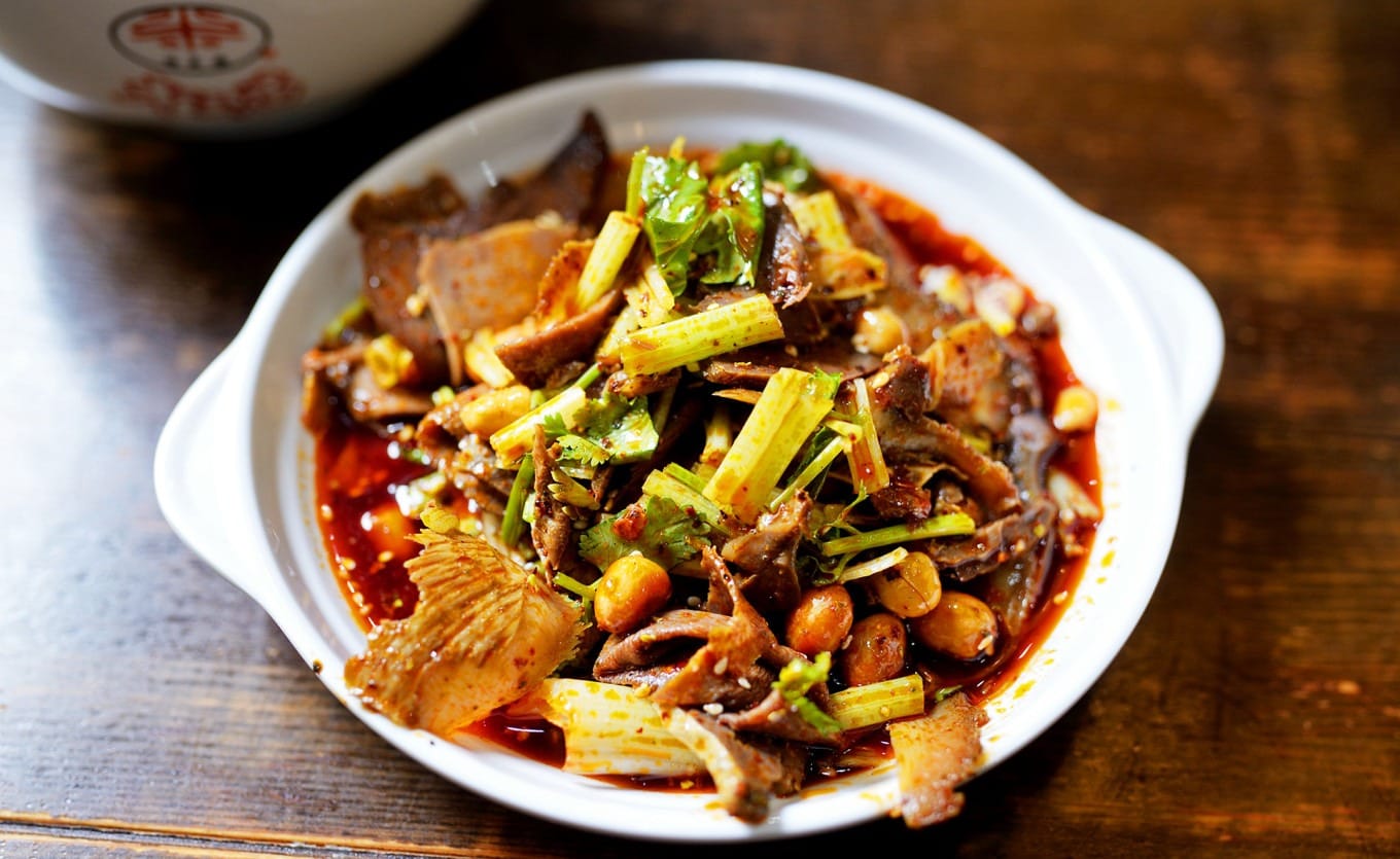 Fuqi feipian Sichuan cold dish with assorted beef cuts in red chili oil