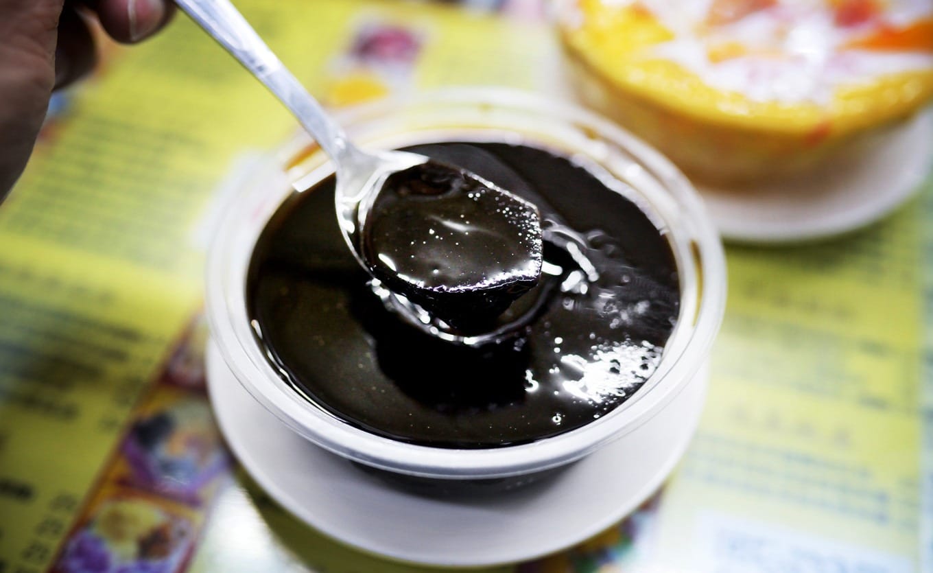 Traditional poria jelly dessert with glossy dark texture