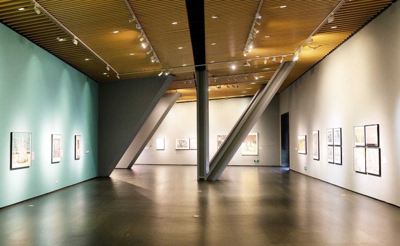 Gallery space inside China Printmaking Museum showcasing contemporary prints