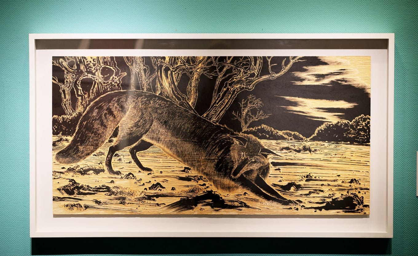 Printmaking artwork Fox in the Snow from Sun Xun’s Magic Star Map series