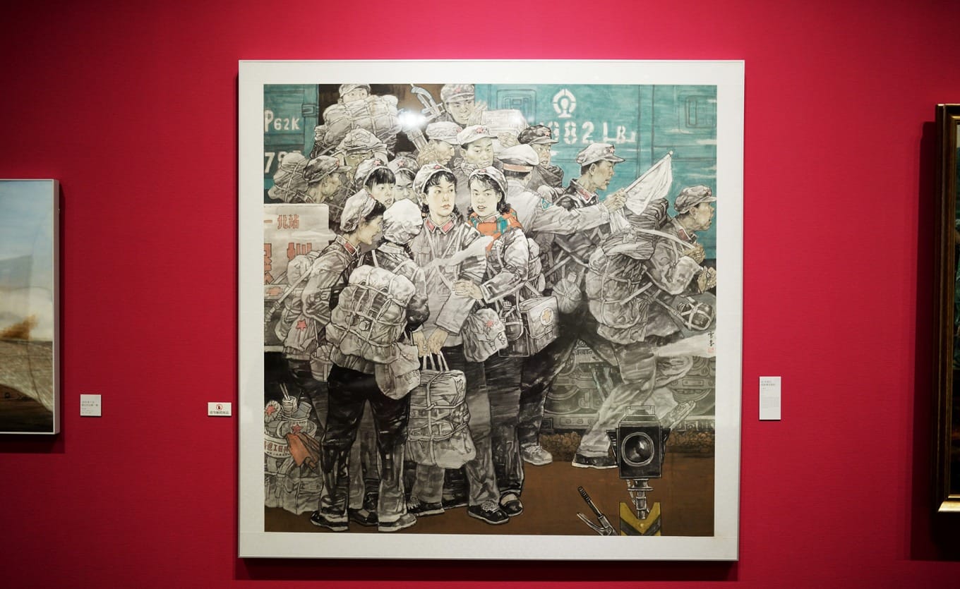 Ink painting depicting construction troops arriving in Shenzhen in 1982