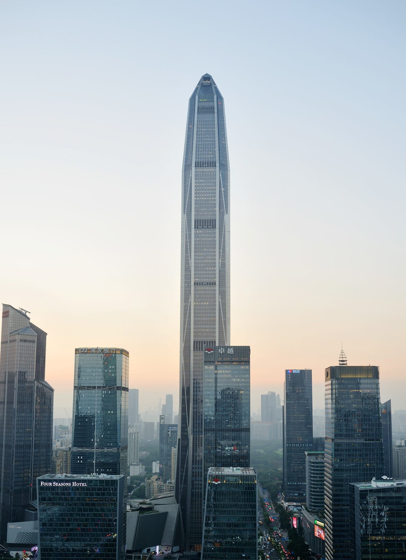 Ping An Finance Center rising above Shenzhen skyline viewed from Jinzhonghuan Tower