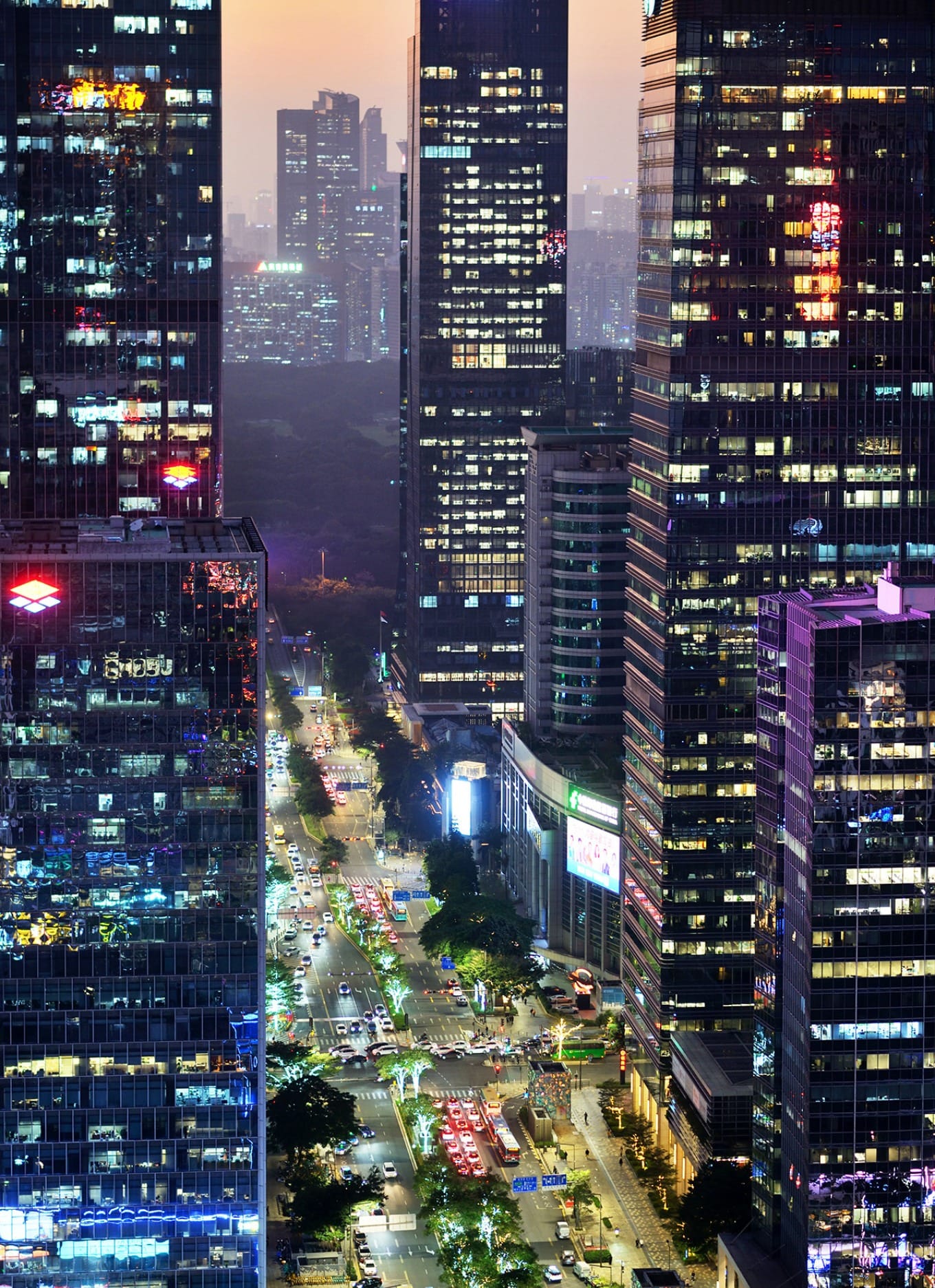 Night view of Shenzhen Futian CBD illuminated after dark