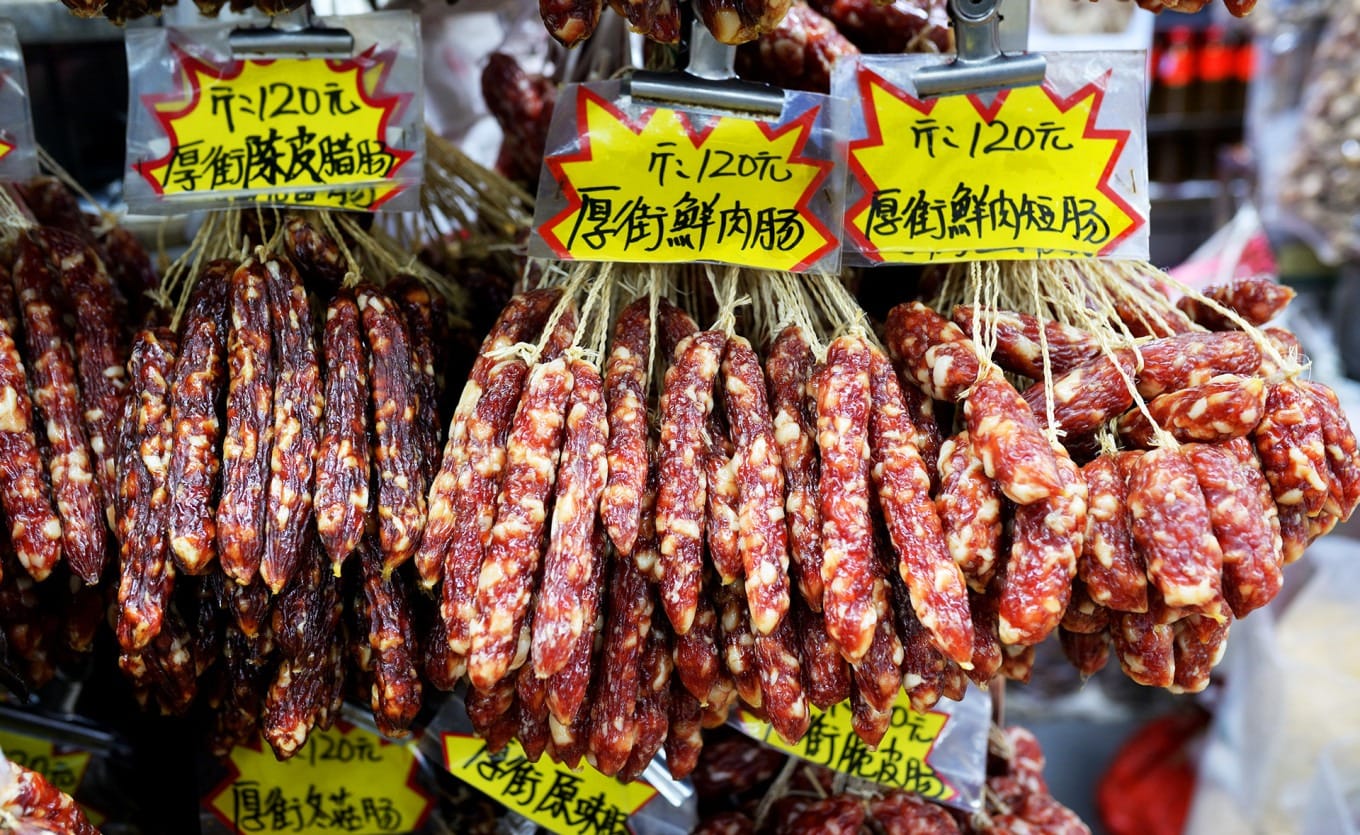 Dongguan Houjie Chinese sausages displayed at Shekou Market