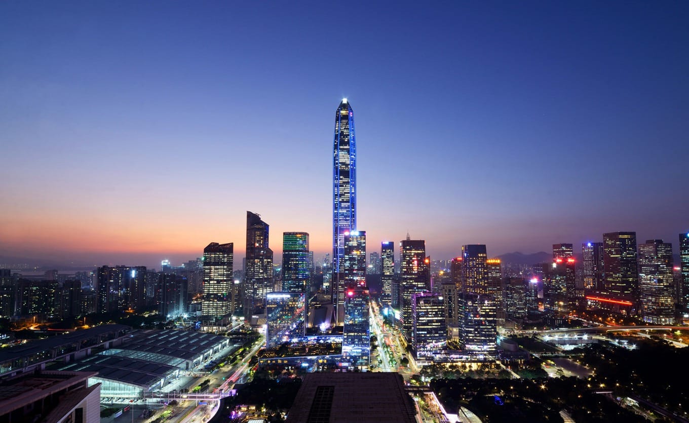 Wide-angle view of Shenzhen CBD skyscrapers from Jinzhonghuan International Business Tower