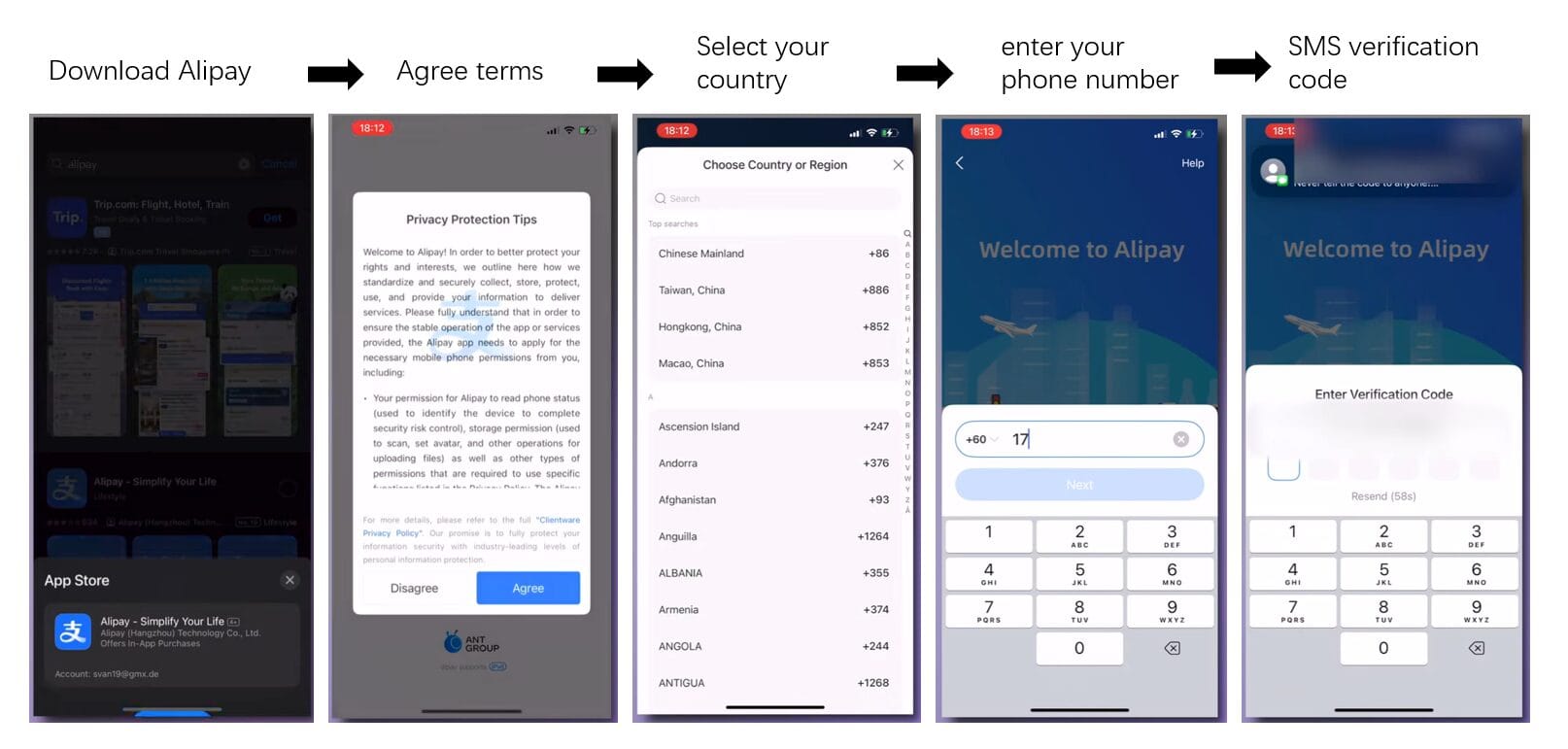 Alipay registration screen showing language selection and phone number input