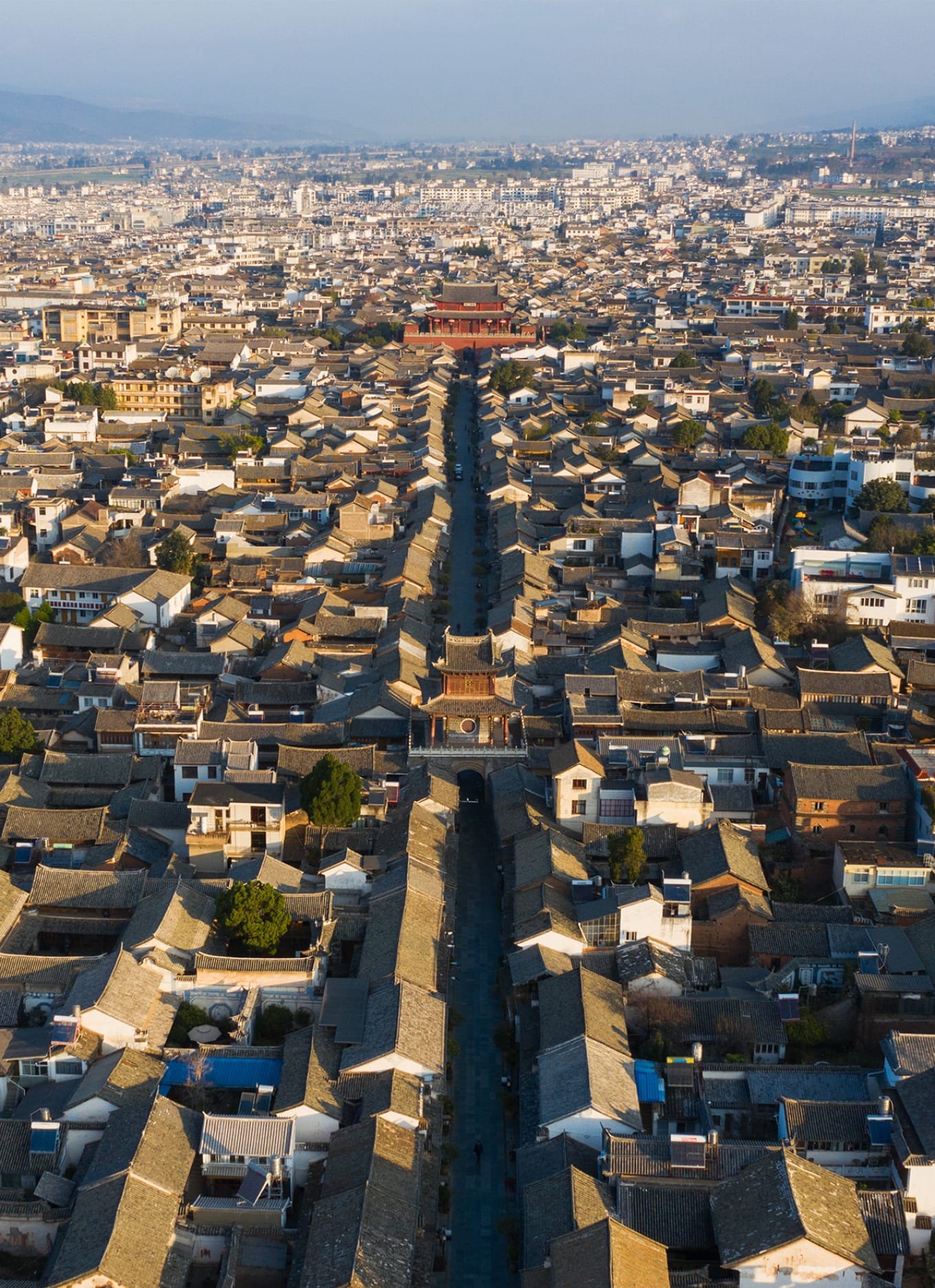 Aerial view of Weishan Ancient Town showing its orderly grid-like layout