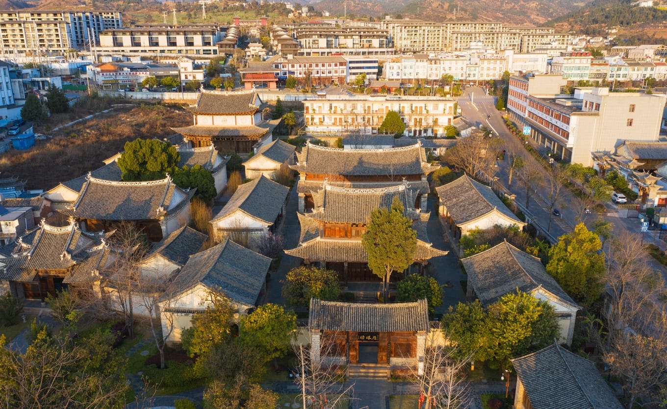 Aerial view of the historic Wenhua Academy complex in Weishan