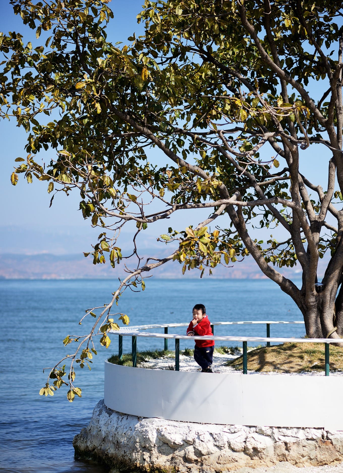 View from Haishe Park showing trees, water, and distant mountains