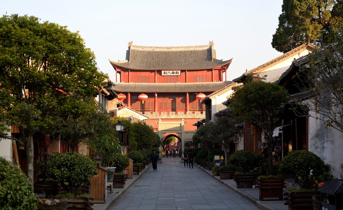 Close-up view of Gongchen Tower's architectural details and stone base