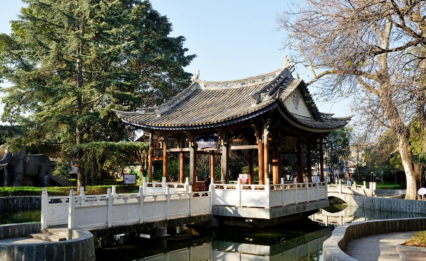 Aerial view of Mengyang Park showing traditional pavilions and lush greenery