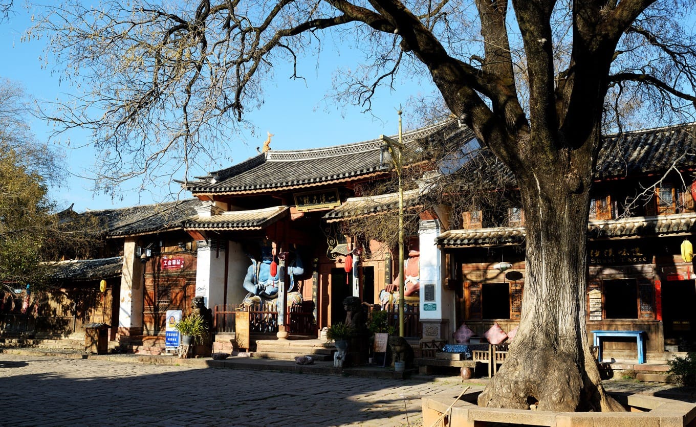 Historic Sifang Street square in Shaxi with traditional architecture