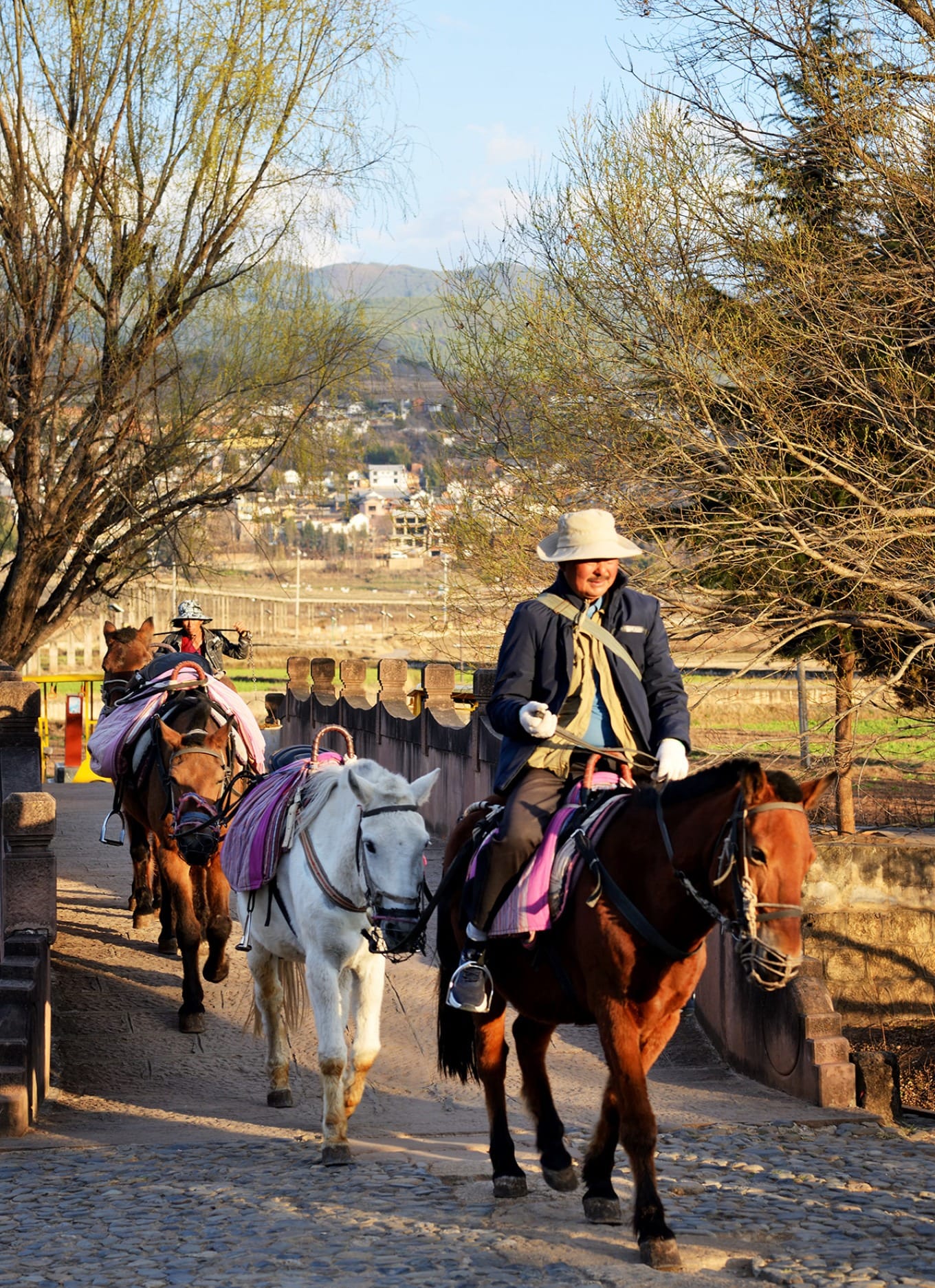 Tourist riding a horse across Yujin Bridge with traditional buildings in background